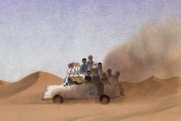 Illustation for the podcast "Backway to europe". Several people sit on in the back of a white Jeep, travelling though a desert